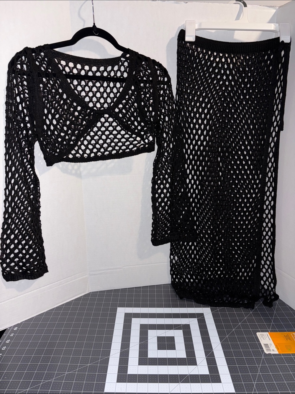 SHEIN Black Open-Knit Cropped Top & Maxi Skirt Set